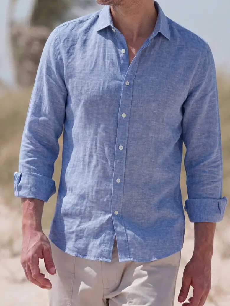 Chemise en lin uni bleu