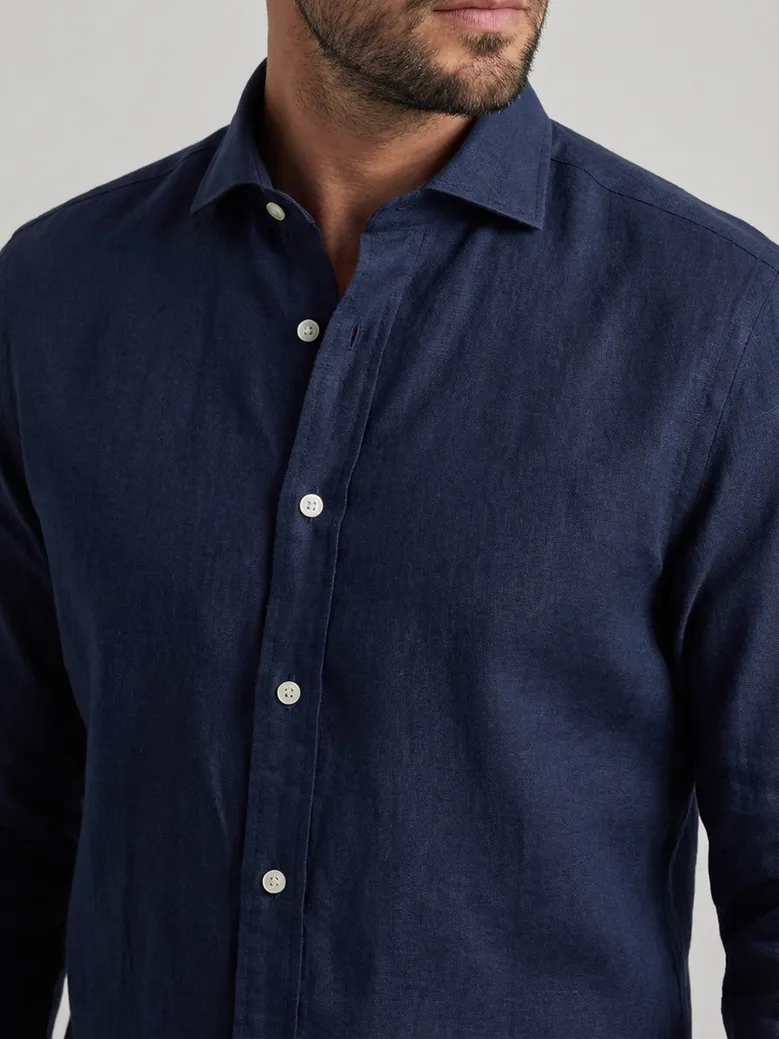 Chemise en lin uni bleu marine